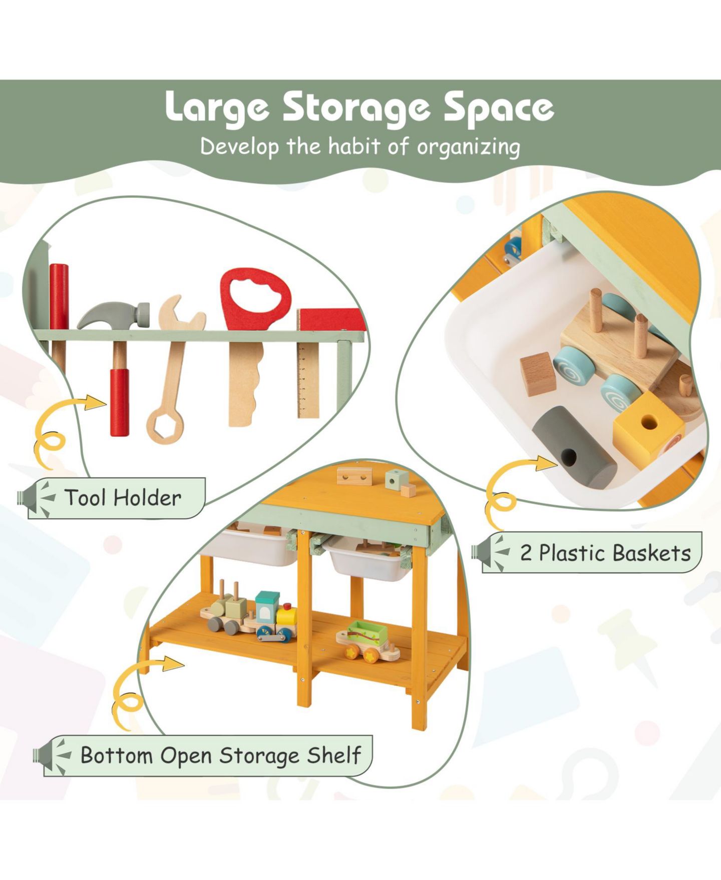 Детский конструктор Mecale Kids Wooden Toy Workbench with Storage Space and Blackboard, цвет: Жёлтый — фото 7