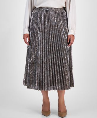 Plus Size Pull-On Pleated Sequin Midi Skirt 