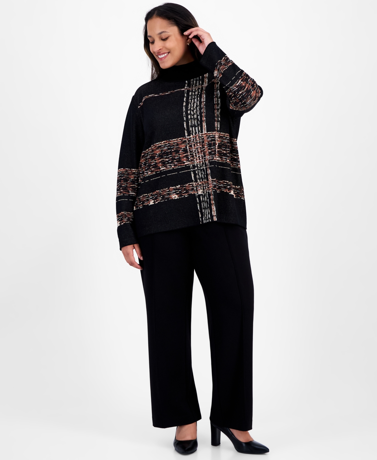 Anne Klein Plus Size Turtleneck Luxe-stitch Sweater In Black