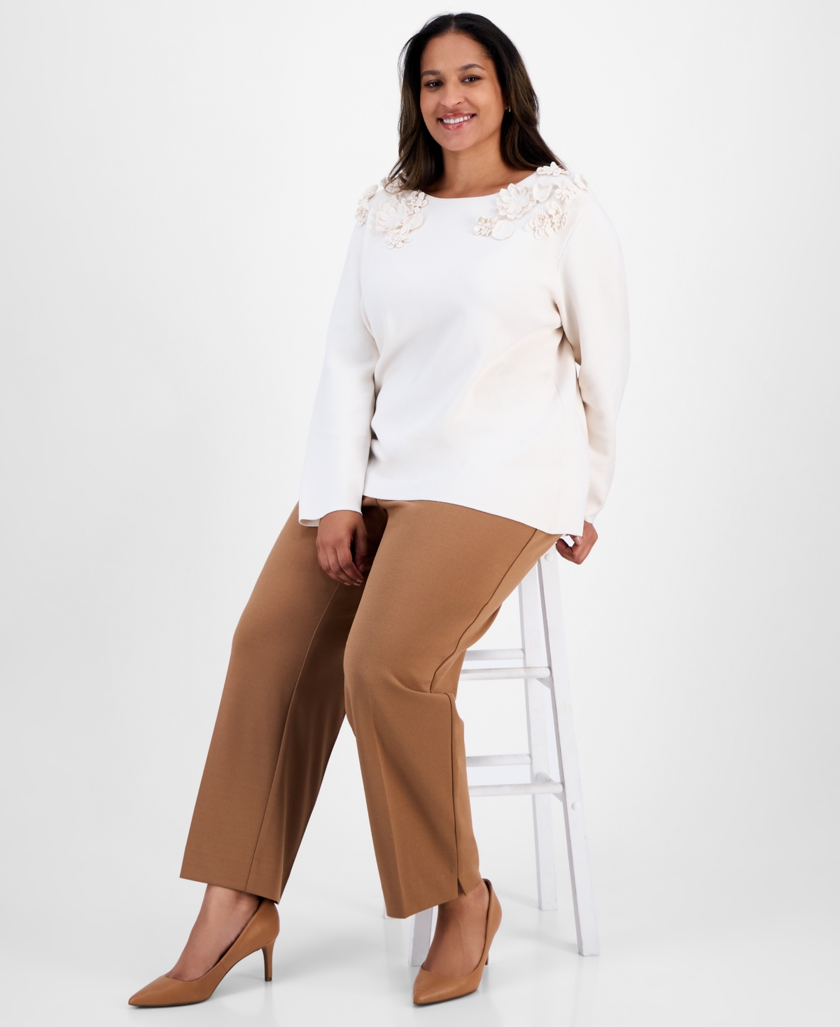 Anne Klein Plus Size Floral-embellished Boat-neck Sweater In White