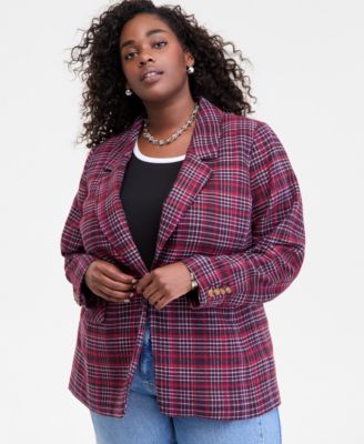 On 34th - Trendy Plus Size Plaid Single-Button Blazer