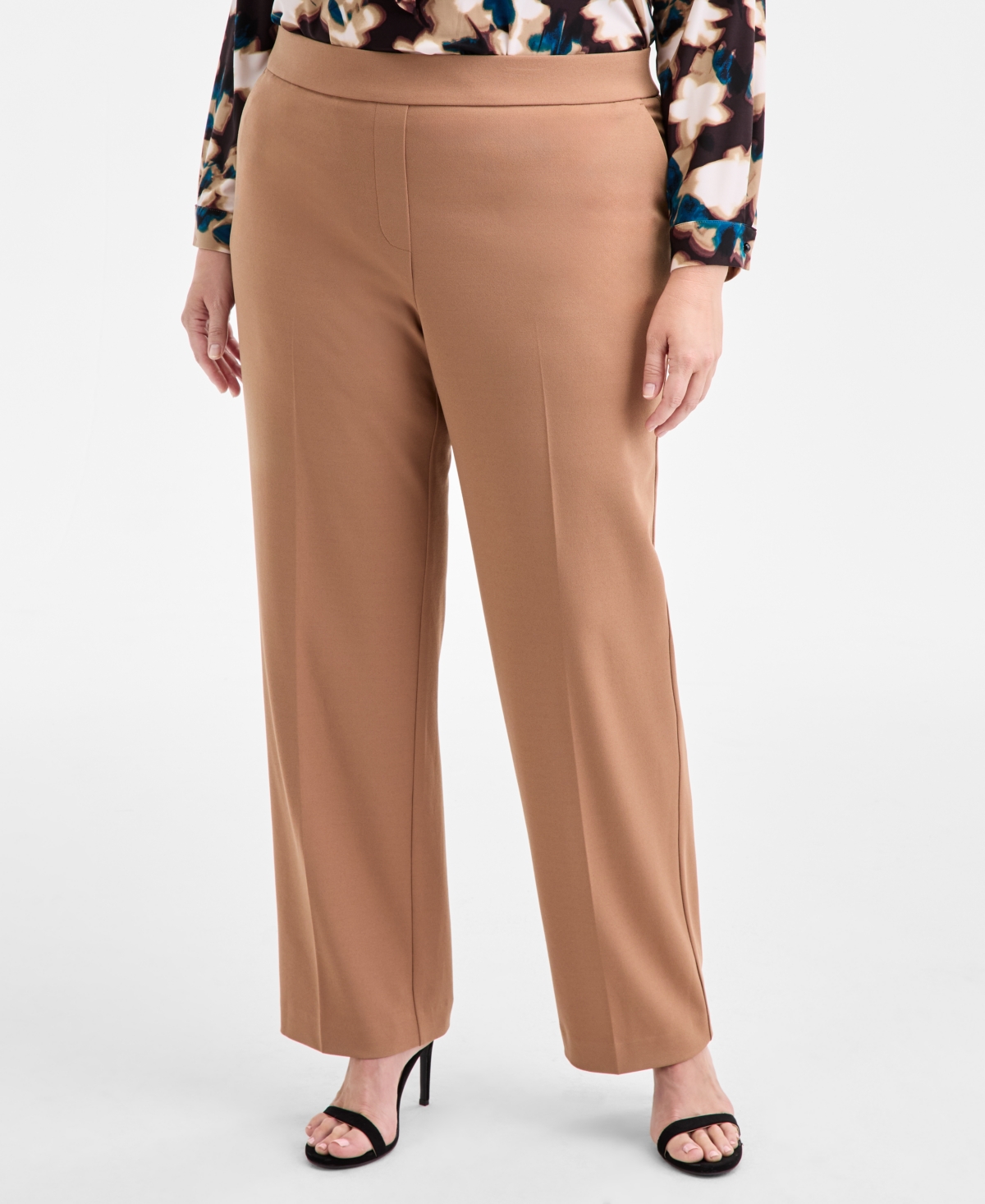 Ak Anne Klein Plus Size Pull-on Mid-rise Straight-leg Pants In Brown