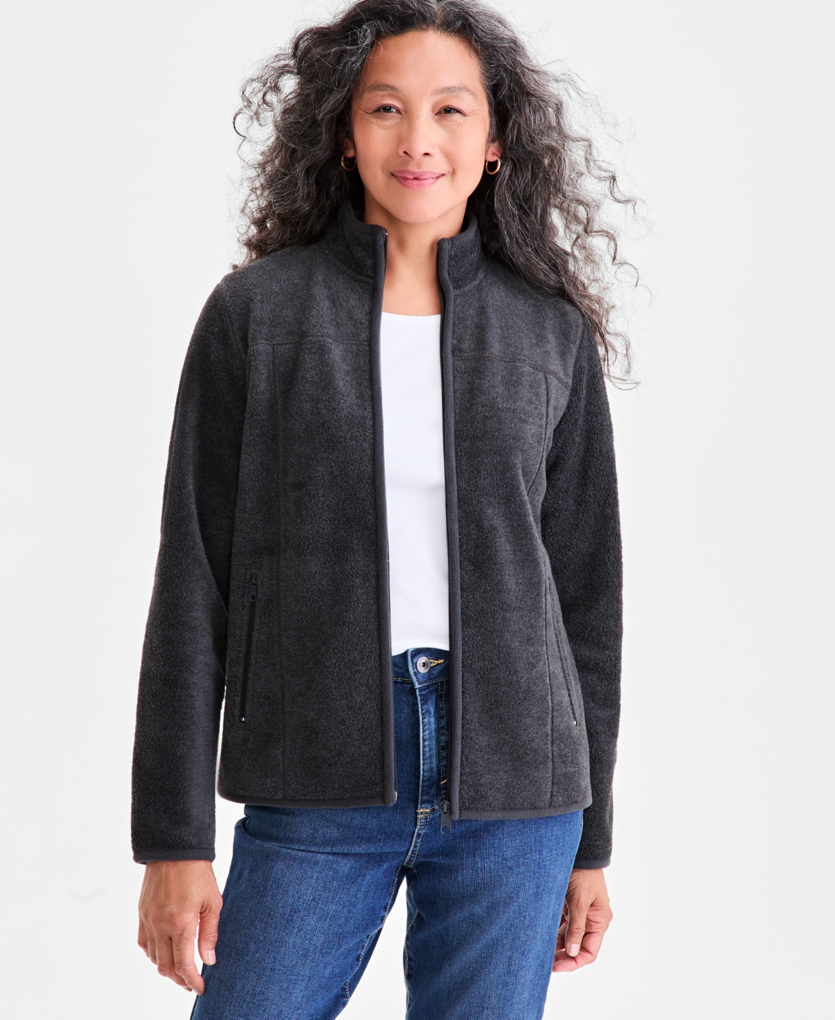 Style & Co Women's Polar Fleece Mock-neck Jacket, Created For Macy's In Gray