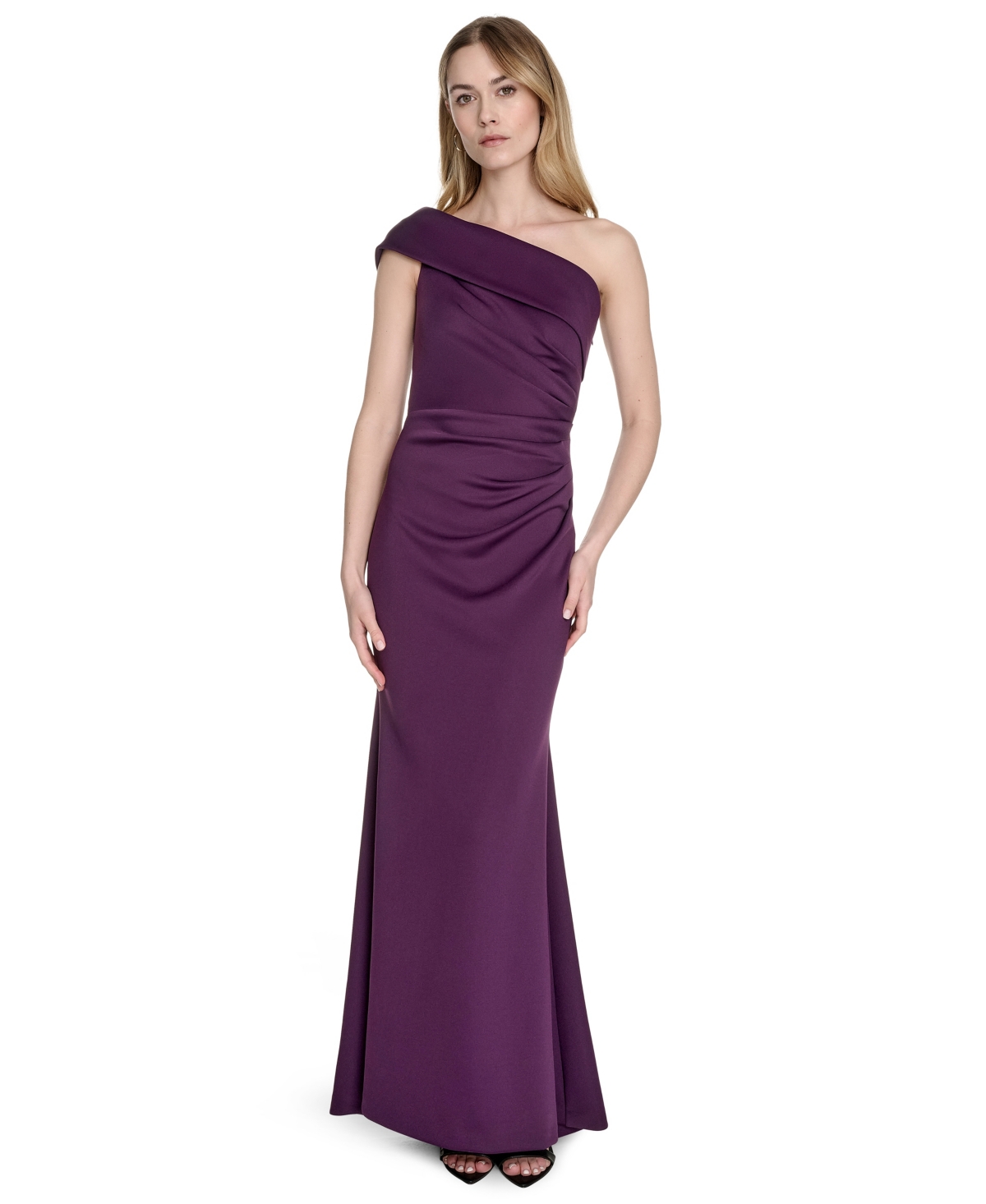 Women's Asymmetric-Neck Side-Pleat Scuba Gown - Plum