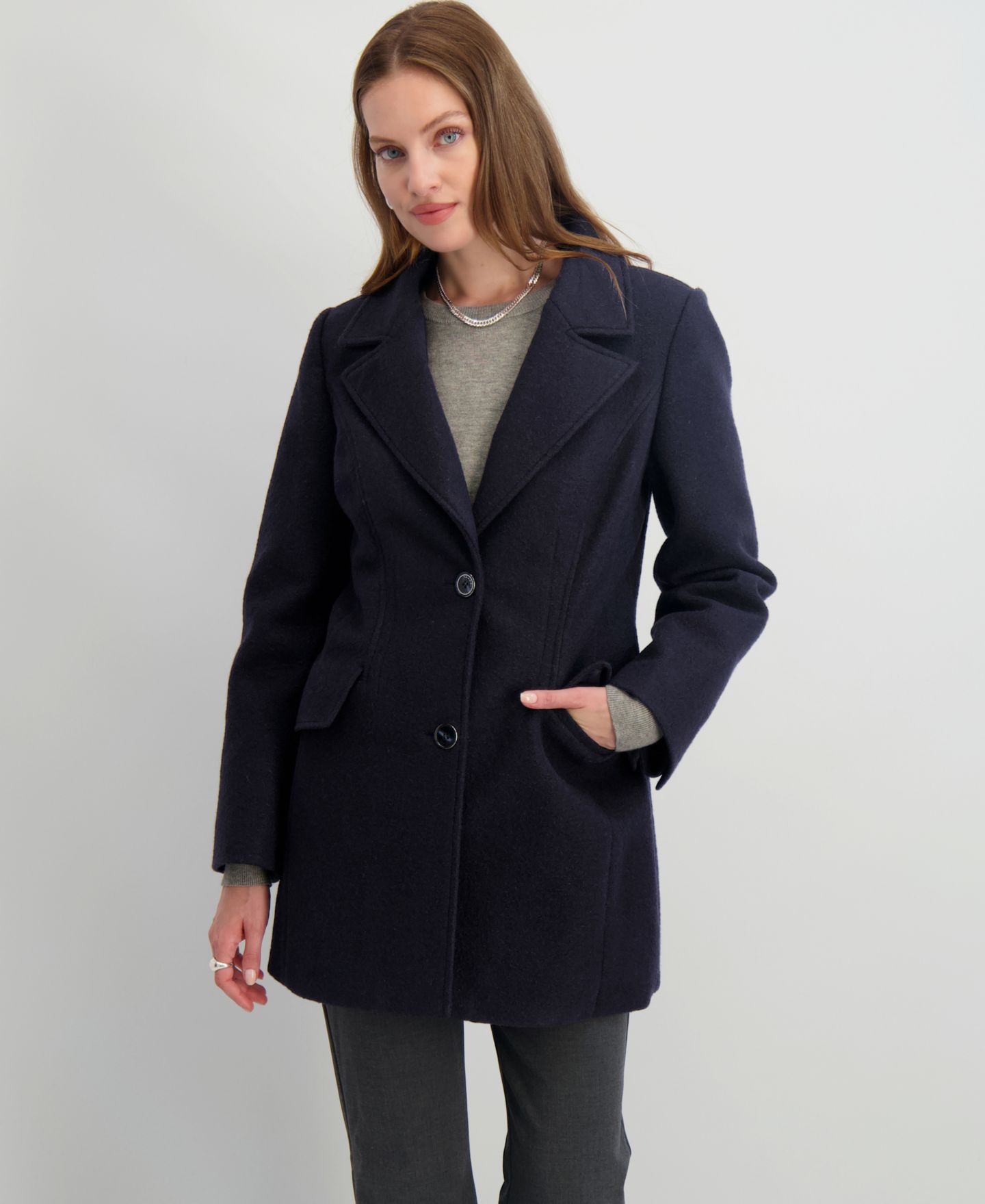 Женское пальто Tahari Notched-Collar Single-Breasted Peacoat, цвет: Тёмно-синий — фото 4
