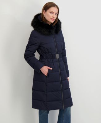 Tahari - Women's Faux-Fur-Trim Hooded Belted Puffer Coat