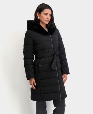 Women's Faux-Fur-Trim Hooded Belted Puffer Coat