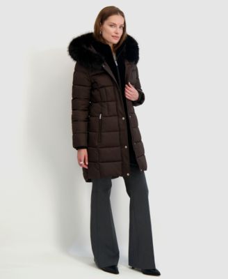Womens Velvet Bibbed Faux-Fur Hooded Puffer Coat