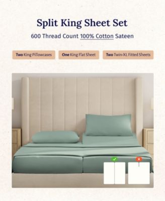 5-Star Luxury Sheet Set, 600 Thread Count Cotton Sateen, Soft & Crisp Bed Sheets - Split King size
