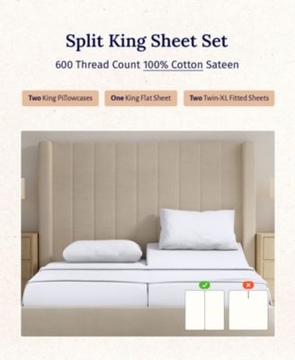 5-Star Luxury Sheet Set, 600 Thread Count Cotton Sateen, Soft & Crisp Bed Sheets - Split King size