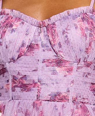 Juniors' Printed Glitter Tulle Fit & Flare Dress