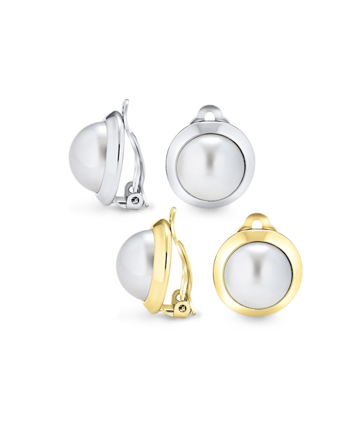 Set of 2 Simple Button Style Round Dome Bezel Pearl Clip-On Earrings Gold Plated - Gold set