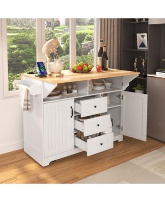 55.7" Large Kitchen Island with 2 Drop Leafs, Rolling Cart, Power Outlet, Folding Dining Table, Spice Rack, No Stools