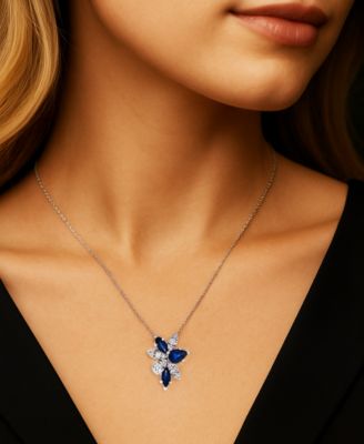 Sapphire (1-1/6 ct. t.w.) & Diamond (1/3 ct. t.w.) Mixed Cut Cluster 17" Pendant Necklace in 14k White Gold