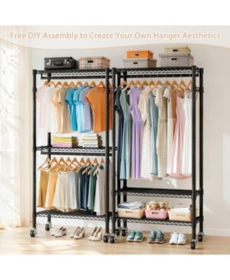 Heavy Duty Rolling Clothes Rack with Shelves &amp; Hooks