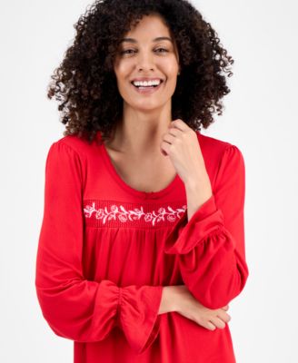 Women's Long-Sleeve Embroidered Knit Nightgown