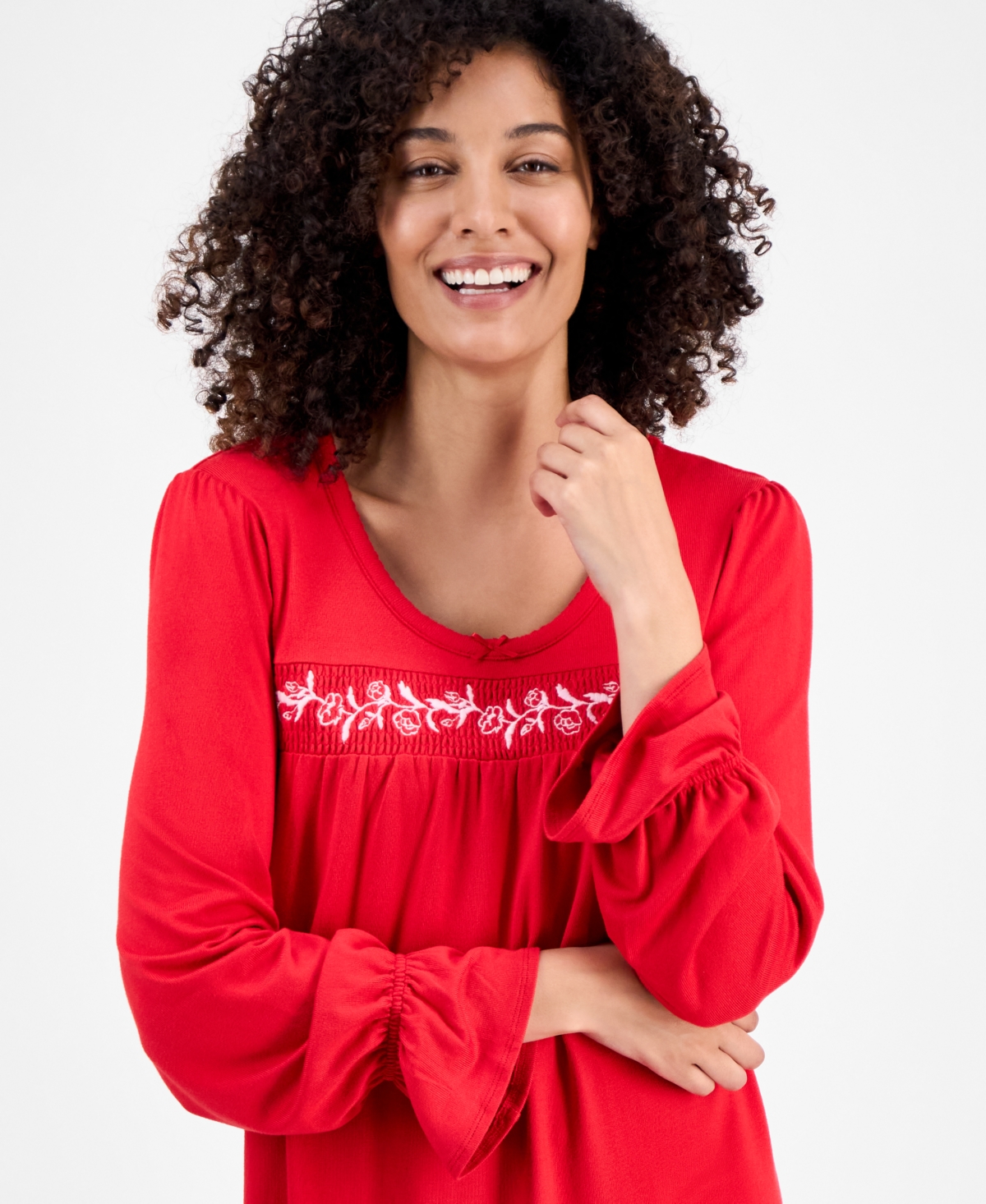 Charter Club Women's Long-sleeve Embroidered Knit Nightgown In Red