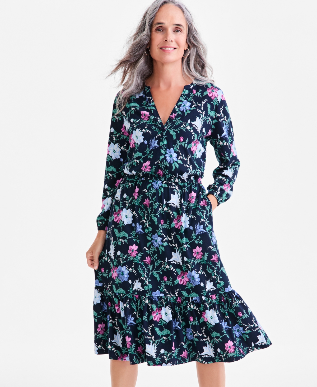 Style & Co Petite Chintz Floral Flared Knit Midi Dress, Macy's Exclusive In Multi