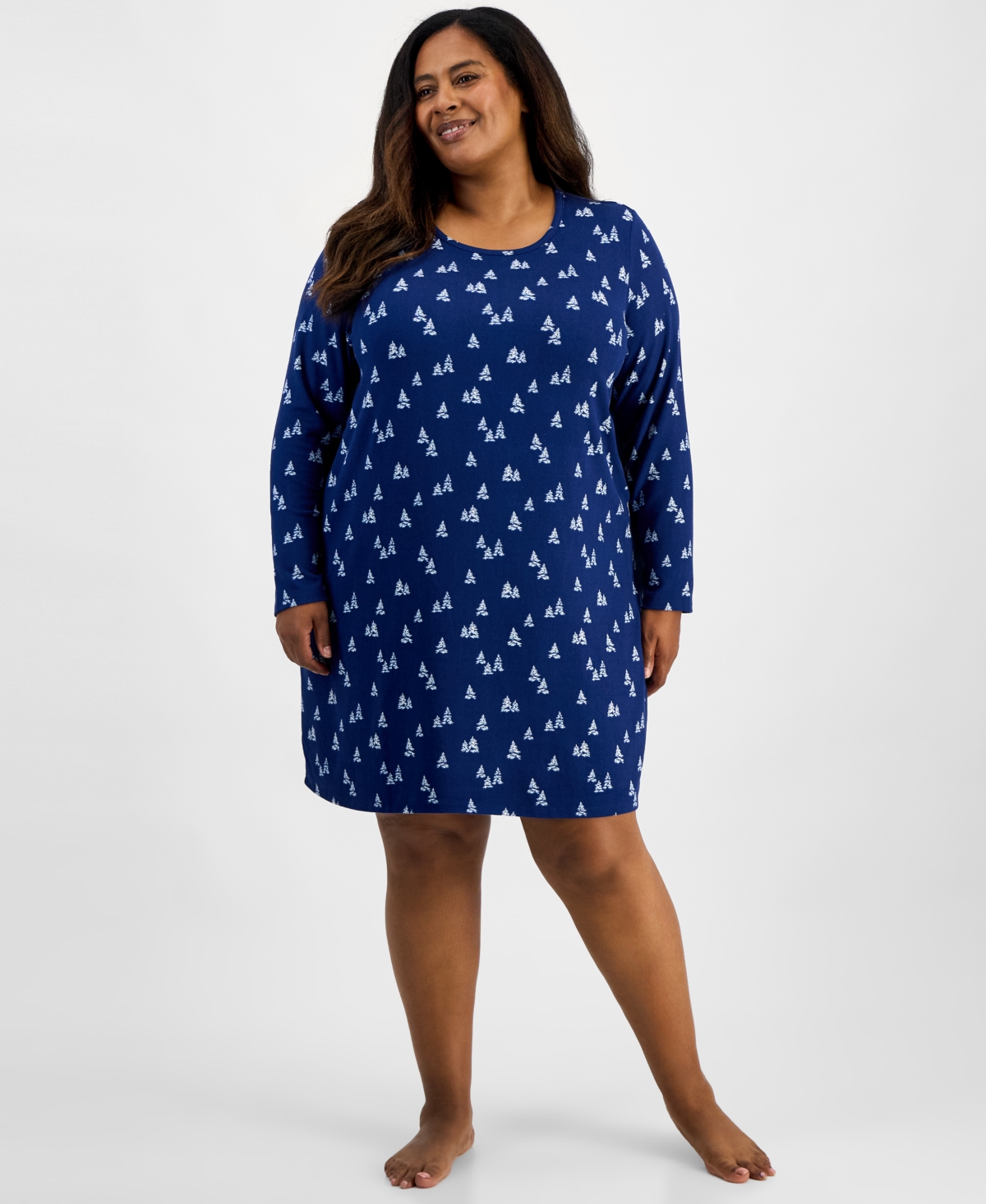 Charter Club Plus Size Soft Knit Printed Long Sleeve Sleepshirt In Blue