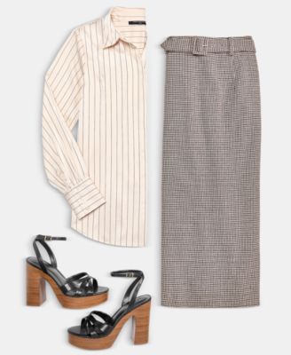 French Connection Womens Satin Pinstripe Blouse Houndstooth Belted Midi Skirt In Multi