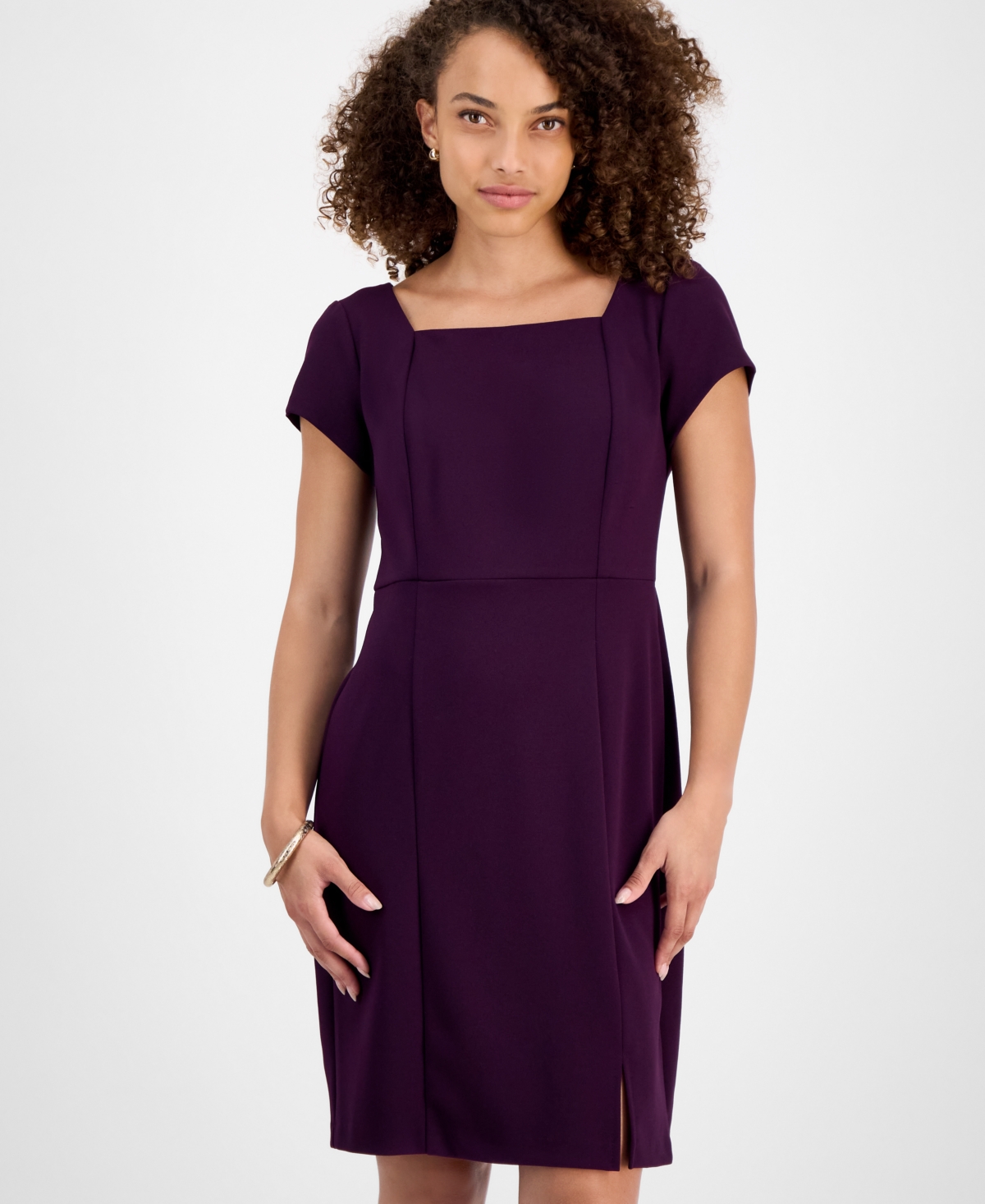 Connected Petite Square-neck Short-sleeve Dress In Purple