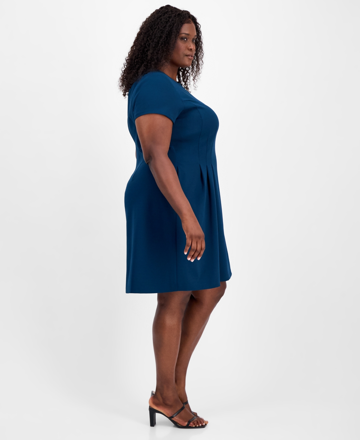 Connected Plus Size Pleated Fit & Flare Dress In Blue