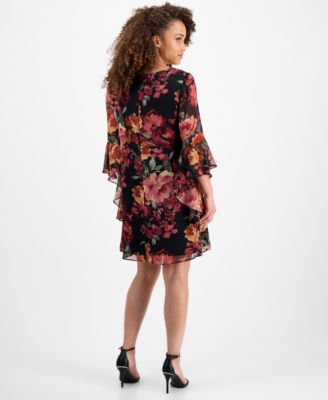 Petite Floral-Print Bell Flare-Sleeve Dress