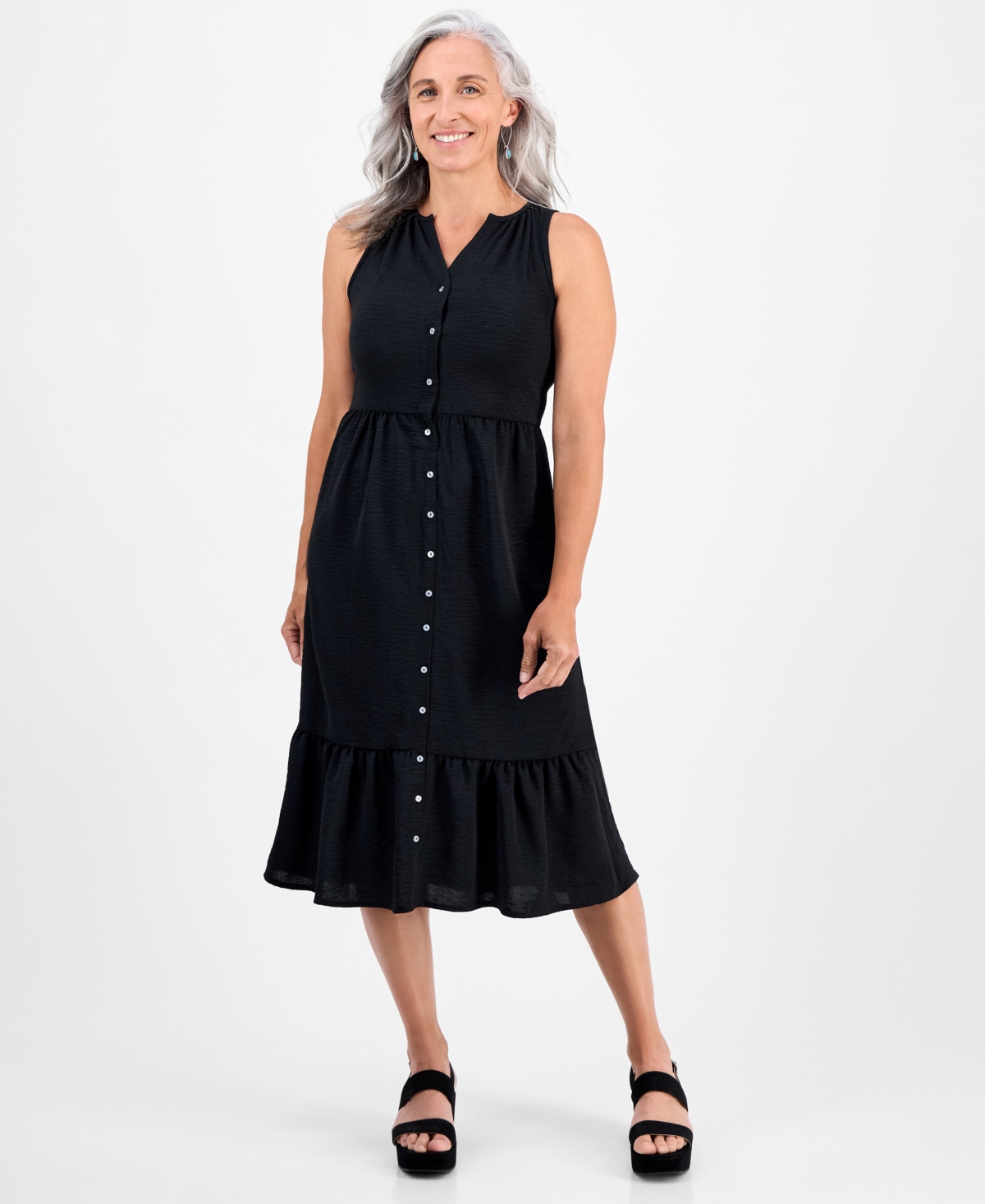 Style & Co Petite Button-front Sleeveless Midi Dress, Macy's Exclusive In Black