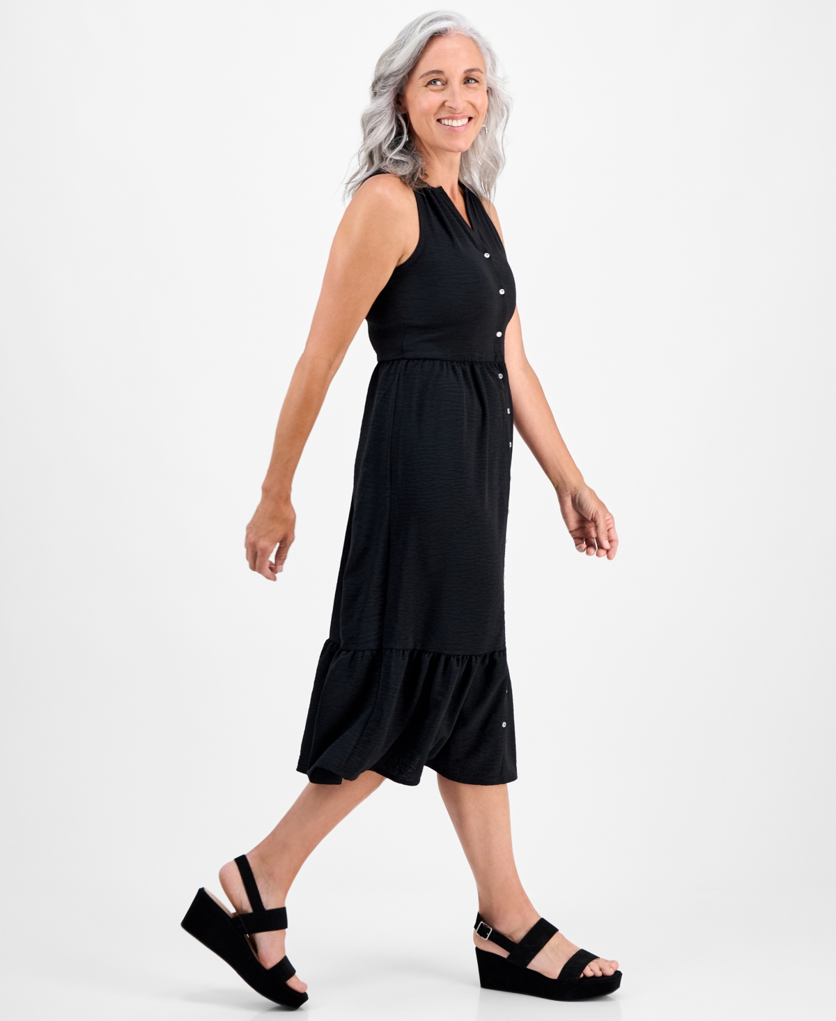 Style & Co Petite Button-front Sleeveless Midi Dress, Macy's Exclusive In Black