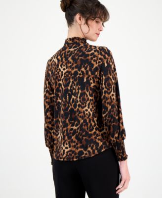 Petite Ruffled-Neck Smocked-Cuff Top