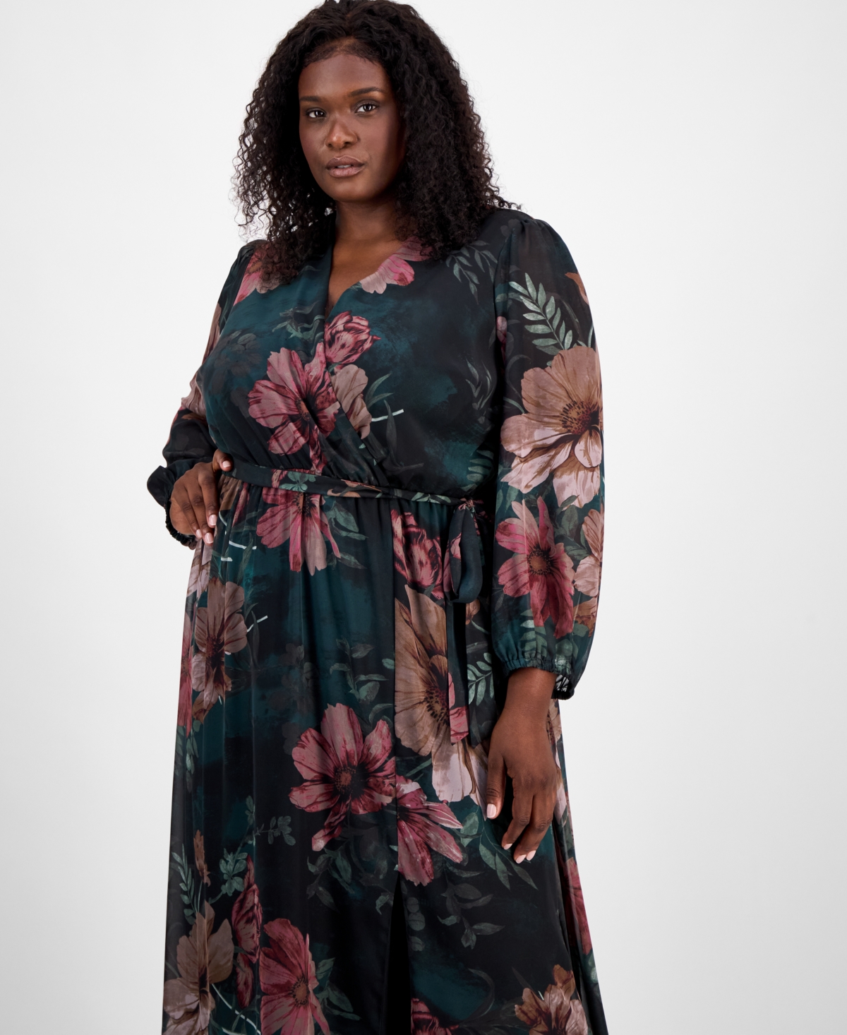 Robbie Bee Plus Size Floral-print Faux-wrap Dress In Black