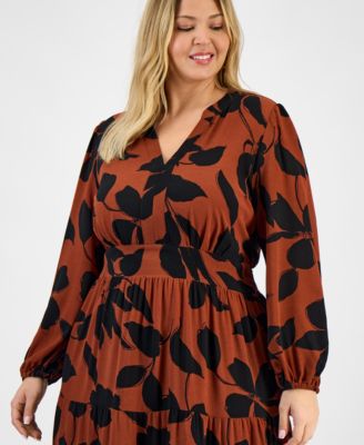 Plus Size Printed Tie-Waist Tiered Long-Sleeve Dress