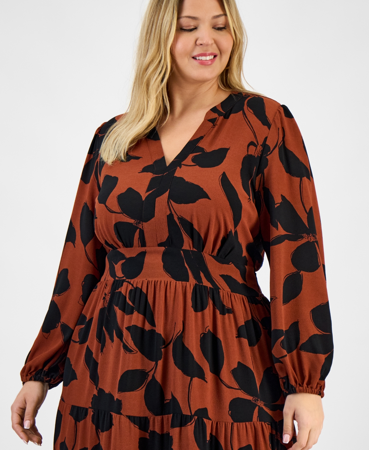 Robbie Bee Plus Size Printed Tie-waist Tiered Long-sleeve Dress In Multi