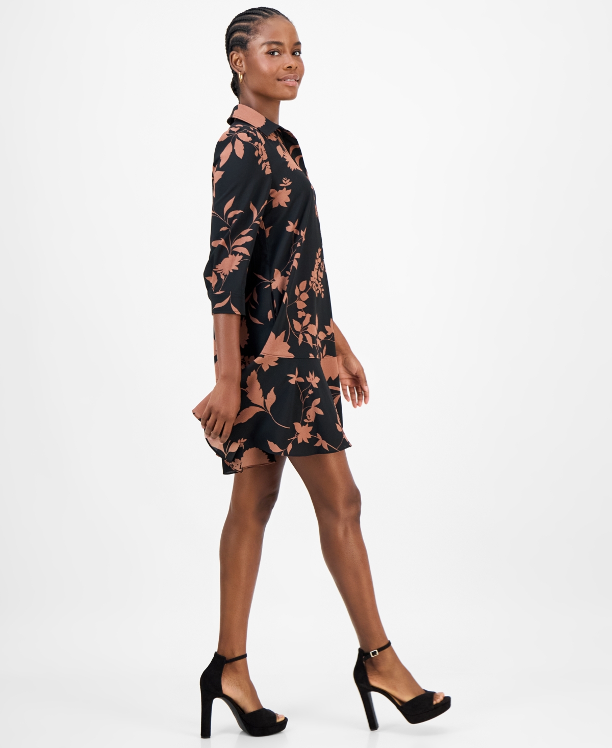 Robbie Bee Petite Printed Button-front Shift Dress In Black