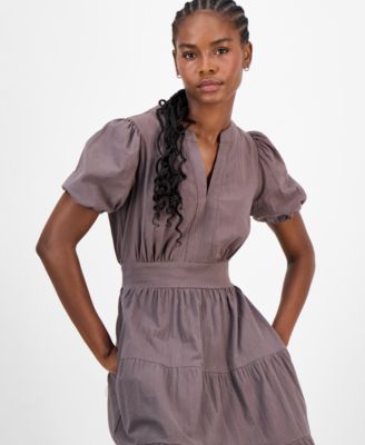 Petite Puff-Sleeve Tiered Midi Dress