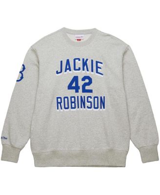 Men's Jackie Robinson Heather Gray Brooklyn Dodgers Legends Collection Vintage Logo Name Number Fleece Pullover Sweatshirt