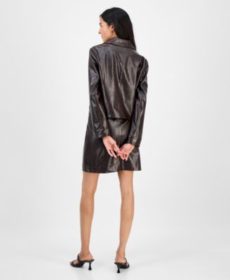 Anne Klein Womens Faux Leather Front Button Jacket Faux Leather Mini Skirt In Black