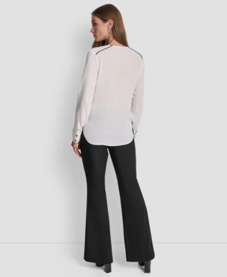 Women's Long Sleeve Trimmed Lapel Blouse, Regular & Petite