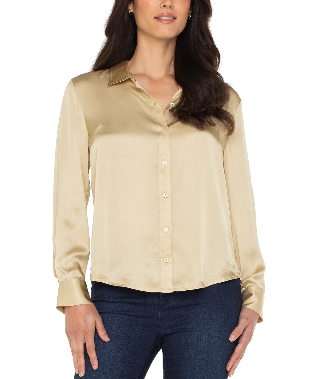 Liverpool Los Angeles Women's Long-sleeve Button-front Satin Shirt In Brown