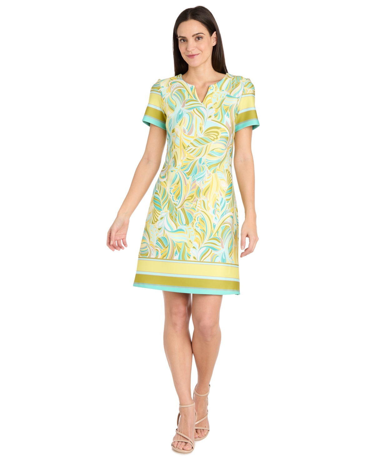 Women's Printed Short-Sleeve Knee-Length Dress - Yellow/Aqua