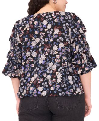 Vince Camuto Women's Plus Size Printed V-Neck Bubble Sleeve
