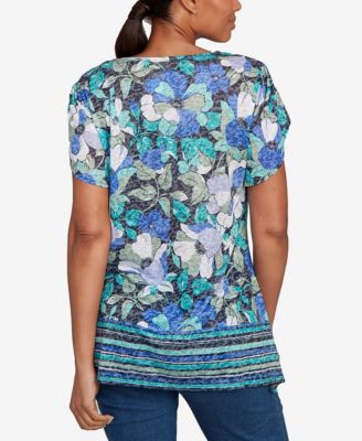 Petite Floral Striped Border Flutter Sleeve Top