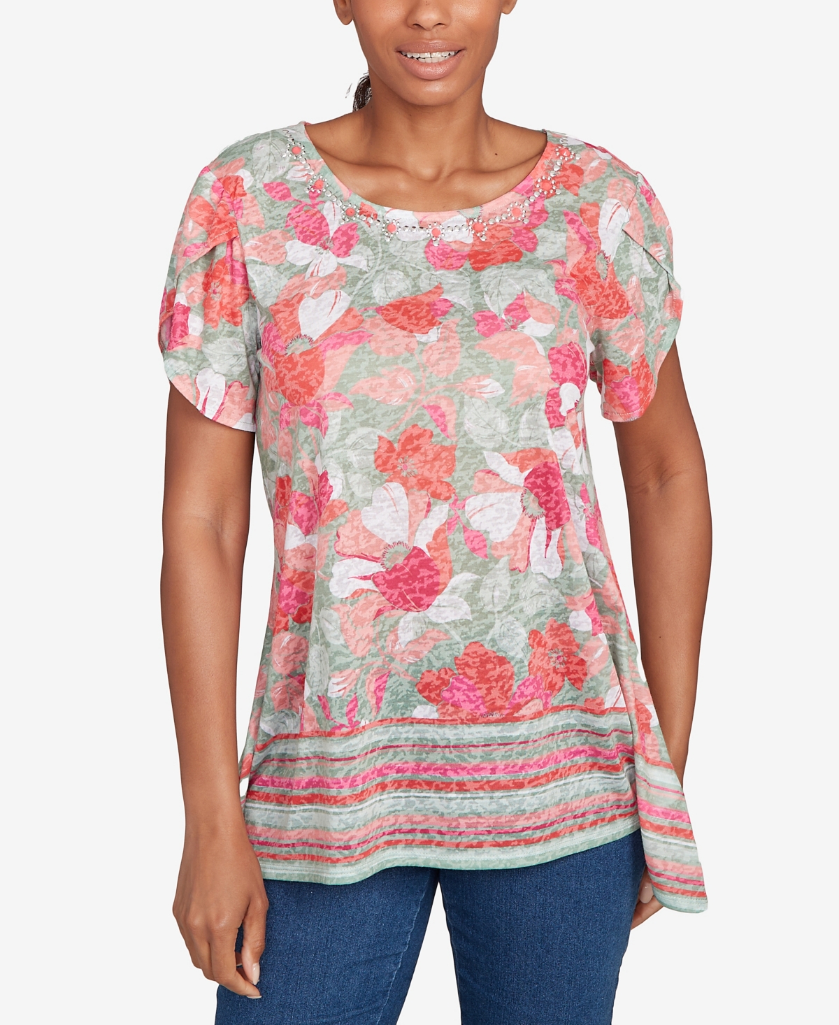 Petite Floral Striped Border Flutter Sleeve Top - Navy Multi