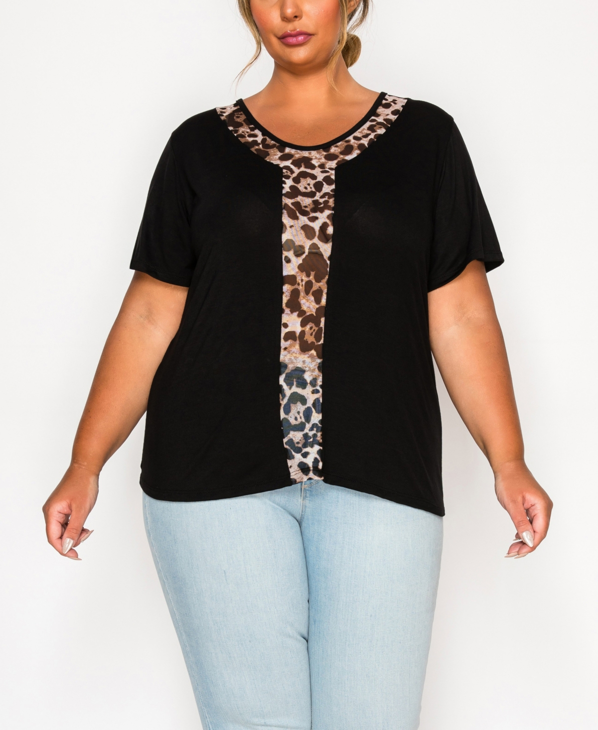 Plus Size Leopard Print Mesh Inset Short Sleeve Top - Black