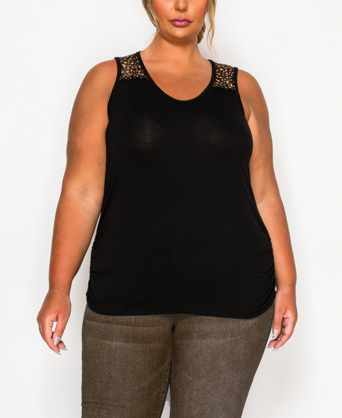 Plus Size Pebble Mesh Inset Side Ruched Tank Top - Black