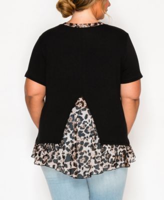 Plus Size Leopard Print Mesh Pleat Back Short Sleeve Top