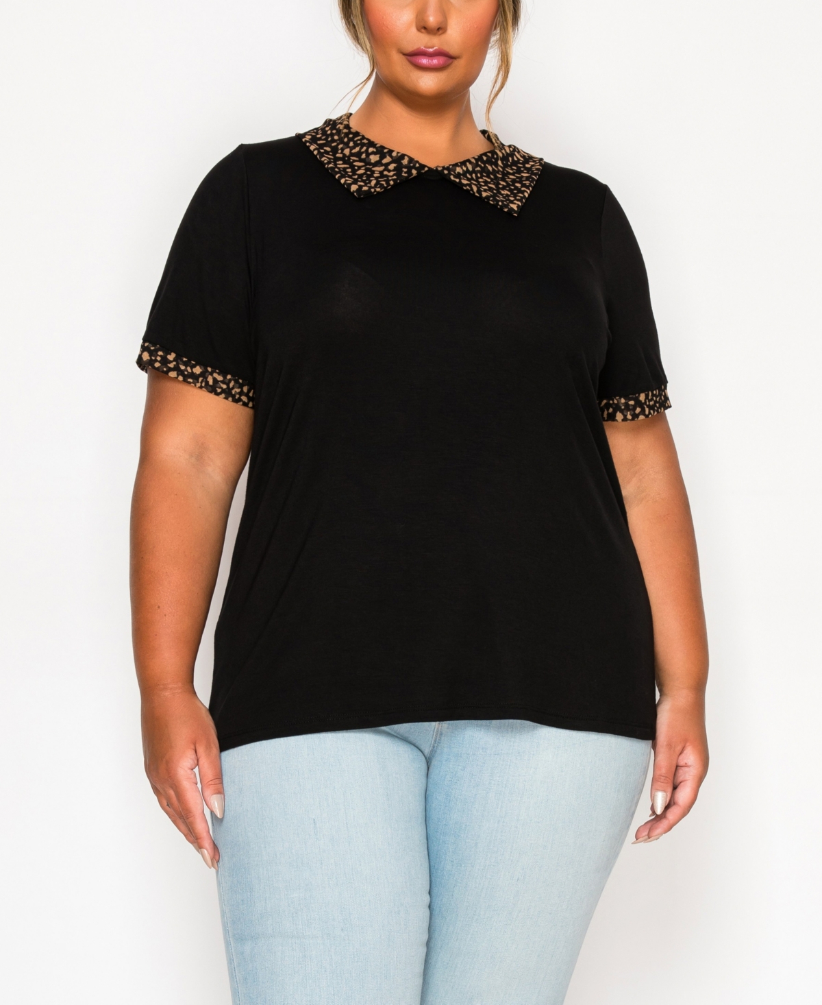 Coin 1804 Plus Size Pebble Mesh Collar Keyhole Back Short Sleeve Top - Black