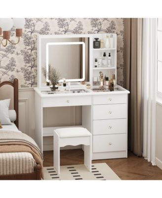 White Wood Makeup Vanity Set Dressing Desk with Glass Top