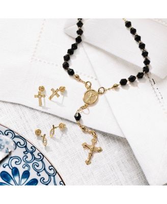 Christian Rosary-Bead Bracelet Black Beads Virgin Mary Crucifix 18K Gold 7-7.5 Inch
