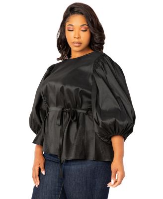 Plus Size Tie Waist Voluminous Sleeve Blouse